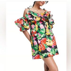 Spanish Bloom Floral Ruffle Cold Shoulder Bardot Dress